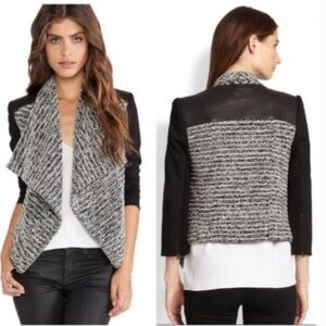 Alice + Olivia Burma Leather Trim Drape Front Jacket Sz 8 Black and White